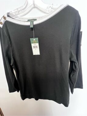 LAUREN JEANS & CO 3/4 SLEEVE BOATNECK BLACK TOP W/WHITE TRIM & DECORATIVE BUTTON
